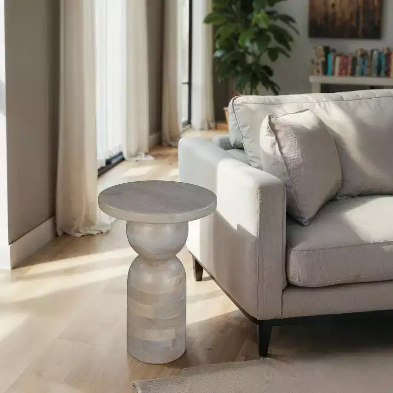 Royal Hampton 12 Inch Round Side End Table, Turned Pedestal Base, Beige Mango Wood in Natural Brown Finish