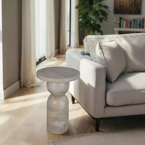 Royal Hampton 12 Inch Round Side End Table, Turned Pedestal Base, Beige Mango Wood in Natural Brown Finish