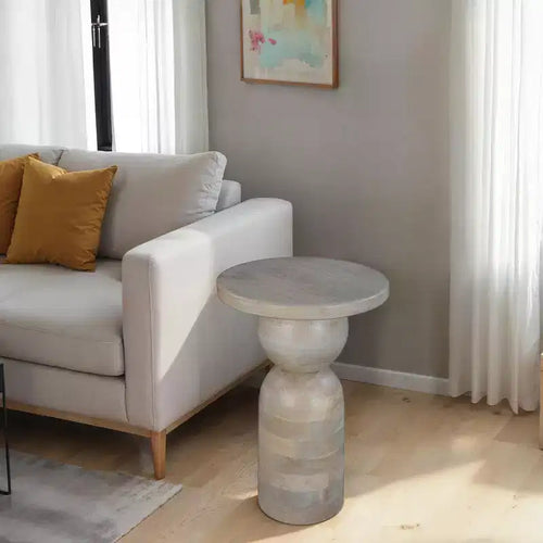 Tavolino rotondo da 12" in legno di mango con base a piedistallo tornita – Marrone naturale, completamente assemblato