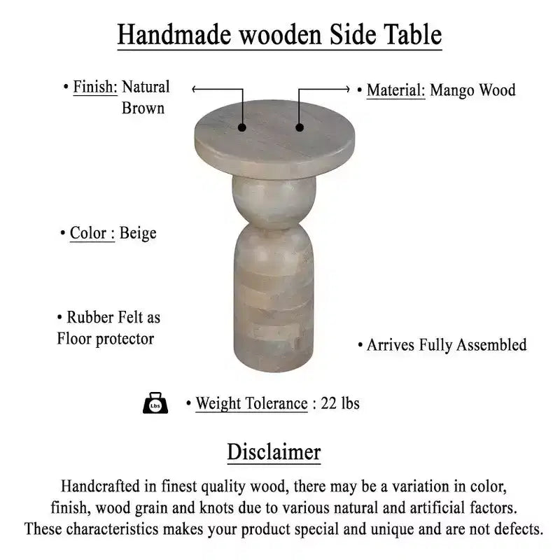 Tavolino rotondo da 12" in legno di mango con base a piedistallo tornita – Marrone naturale, completamente assemblato