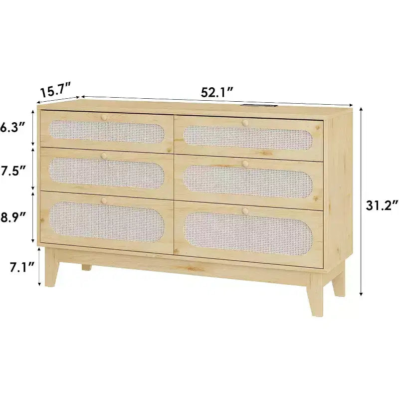 1-Comò da Montare in Rattan a 6 Cassetti con Prese di Corrente e Porte USB, Mobile Contenitore in Legno per Camera da Letto