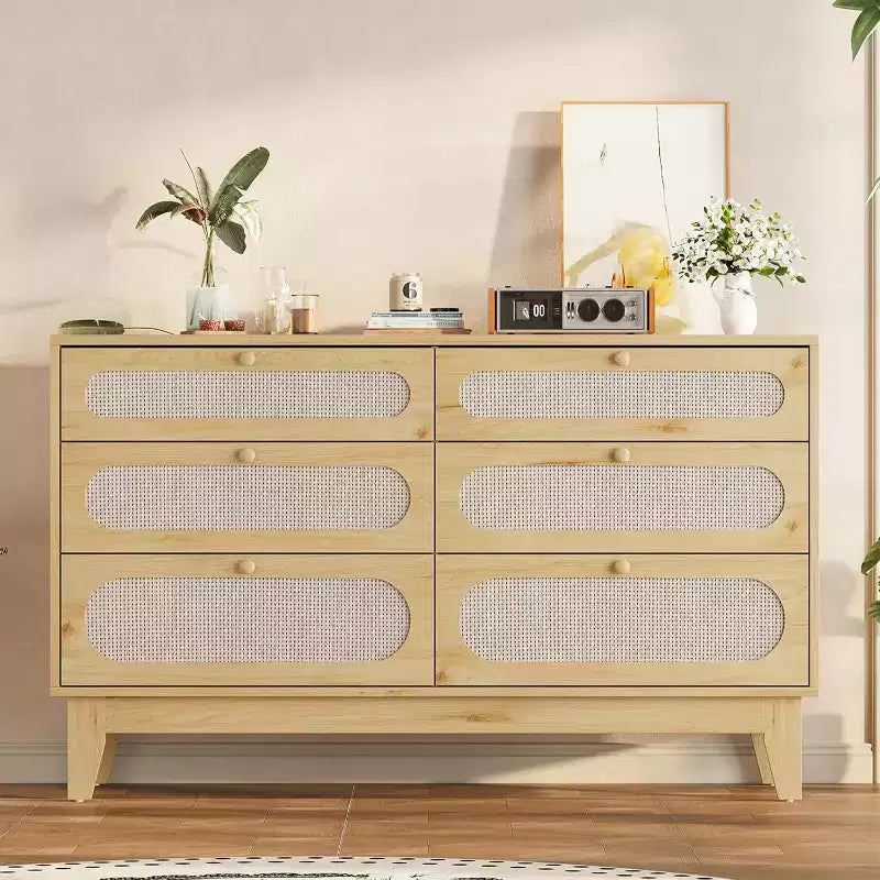 1-Comò da Montare in Rattan a 6 Cassetti con Prese di Corrente e Porte USB, Mobile Contenitore in Legno per Camera da Letto