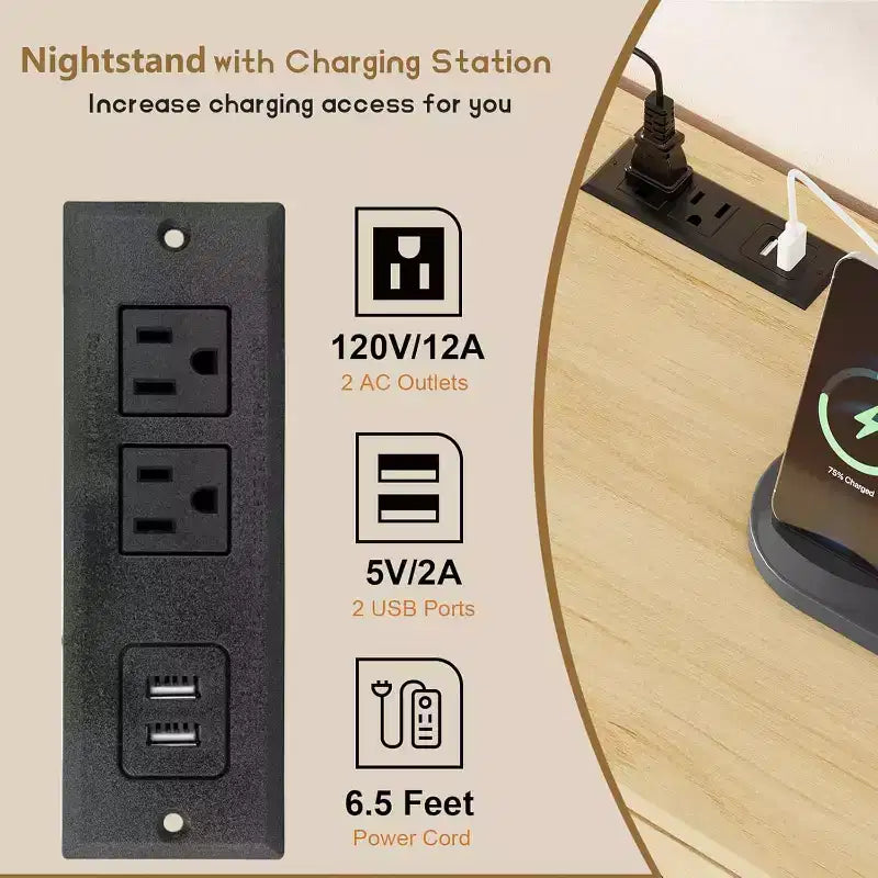 1-Comò da Montare in Rattan a 6 Cassetti con Prese di Corrente e Porte USB, Mobile Contenitore in Legno per Camera da Letto