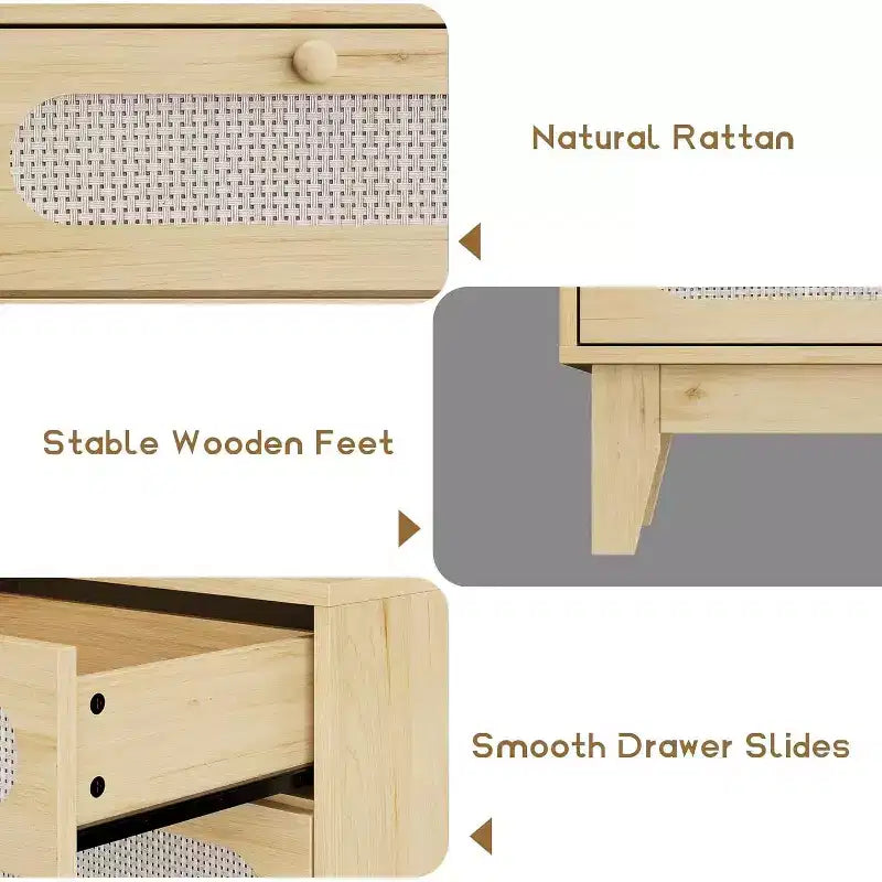 1-Comò da Montare in Rattan a 6 Cassetti con Prese di Corrente e Porte USB, Mobile Contenitore in Legno per Camera da Letto