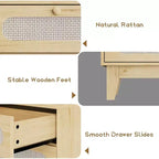 1-Comò da Montare in Rattan a 6 Cassetti con Prese di Corrente e Porte USB, Mobile Contenitore in Legno per Camera da Letto