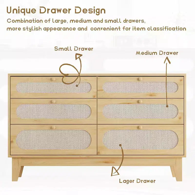 1-Comò da Montare in Rattan a 6 Cassetti con Prese di Corrente e Porte USB, Mobile Contenitore in Legno per Camera da Letto