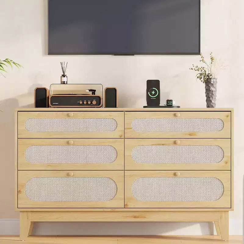 1-Comò da Montare in Rattan a 6 Cassetti con Prese di Corrente e Porte USB, Mobile Contenitore in Legno per Camera da Letto