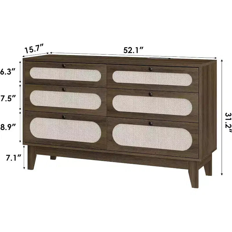 1-Comò da Montare in Rattan a 6 Cassetti con Prese di Corrente e Porte USB, Mobile Contenitore in Legno per Camera da Letto