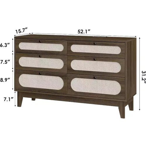 1-Comò da Montare in Rattan a 6 Cassetti con Prese di Corrente e Porte USB, Mobile Contenitore in Legno per Camera da Letto
