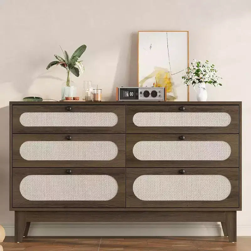 1-Comò da Montare in Rattan a 6 Cassetti con Prese di Corrente e Porte USB, Mobile Contenitore in Legno per Camera da Letto
