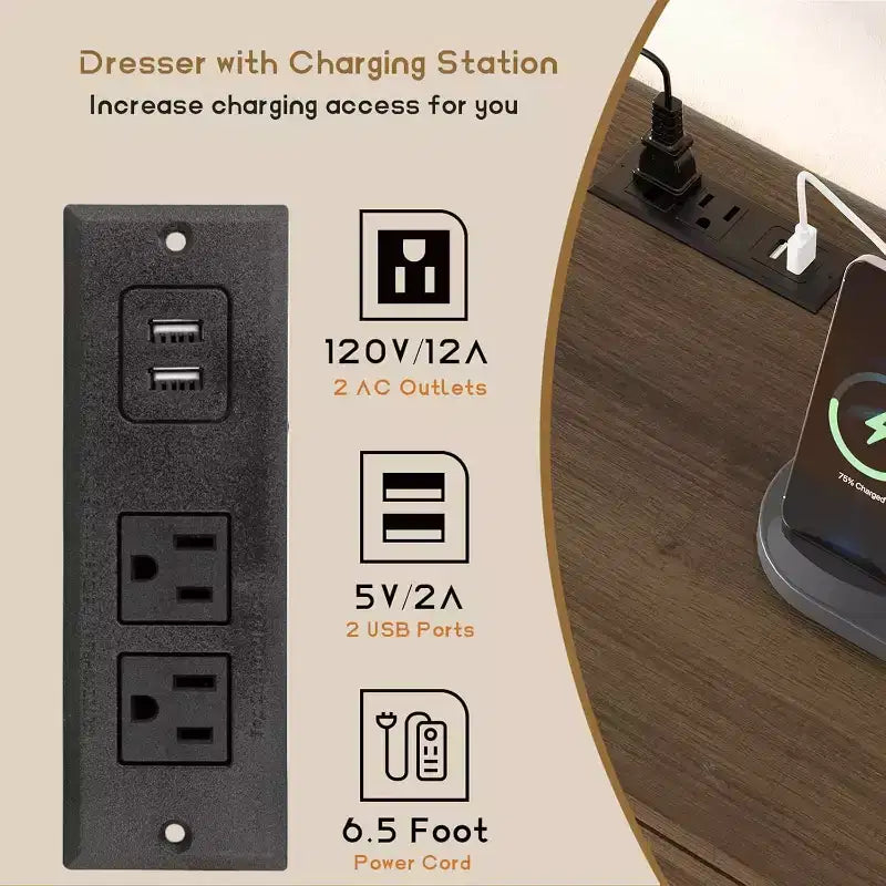 1-Comò da Montare in Rattan a 6 Cassetti con Prese di Corrente e Porte USB, Mobile Contenitore in Legno per Camera da Letto