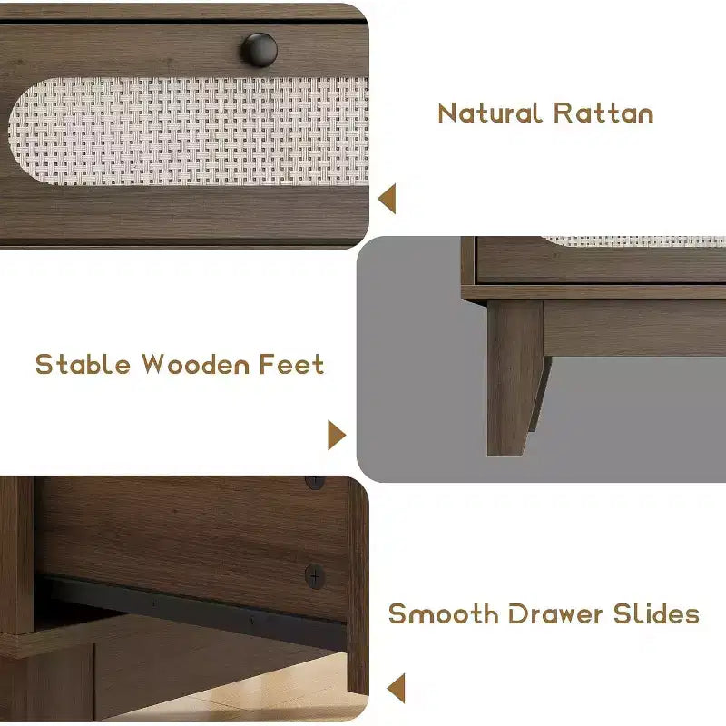 1-Comò da Montare in Rattan a 6 Cassetti con Prese di Corrente e Porte USB, Mobile Contenitore in Legno per Camera da Letto