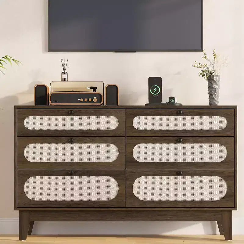 1-Comò da Montare in Rattan a 6 Cassetti con Prese di Corrente e Porte USB, Mobile Contenitore in Legno per Camera da Letto