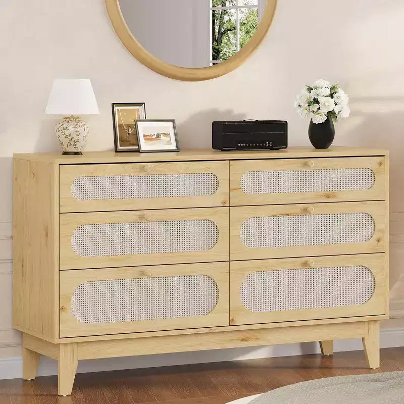 1-Comò da Montare in Rattan a 6 Cassetti con Prese di Corrente e Porte USB, Mobile Contenitore in Legno per Camera da Letto