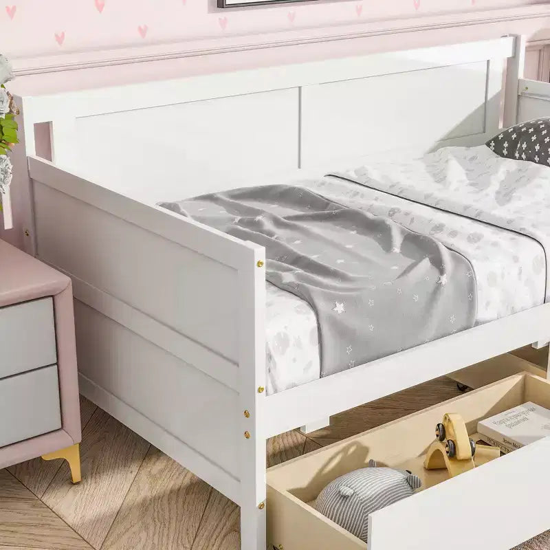 Letto a piattaforma in legno di pino singolo con 2 cassetti portaoggetti nascosti – Bianco, non richiede materasso a molle