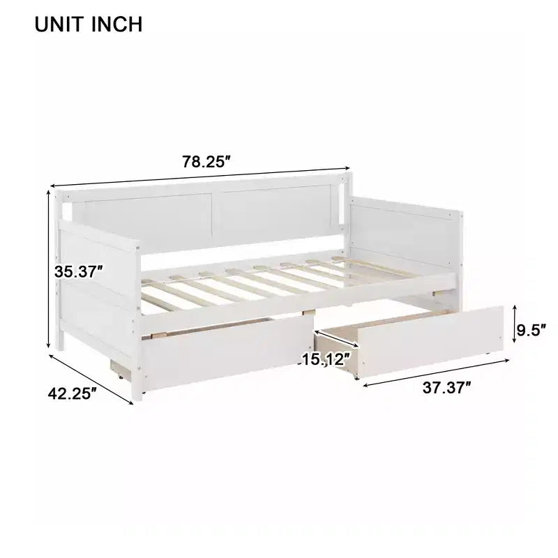 Letto a piattaforma in legno di pino singolo con 2 cassetti portaoggetti nascosti – Bianco, non richiede materasso a molle