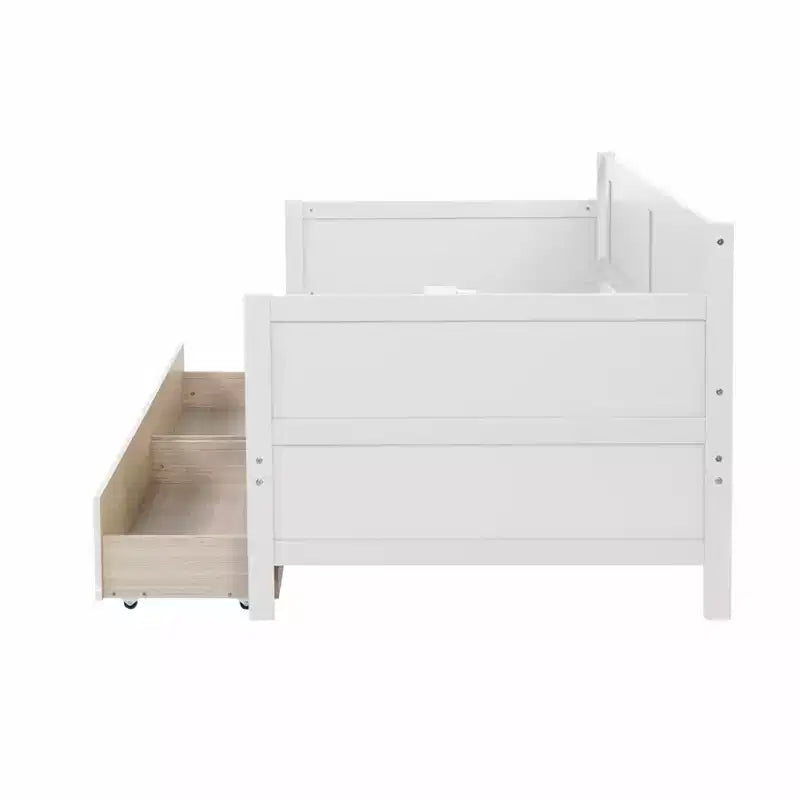 Letto a piattaforma in legno di pino singolo con 2 cassetti portaoggetti nascosti – Bianco, non richiede materasso a molle