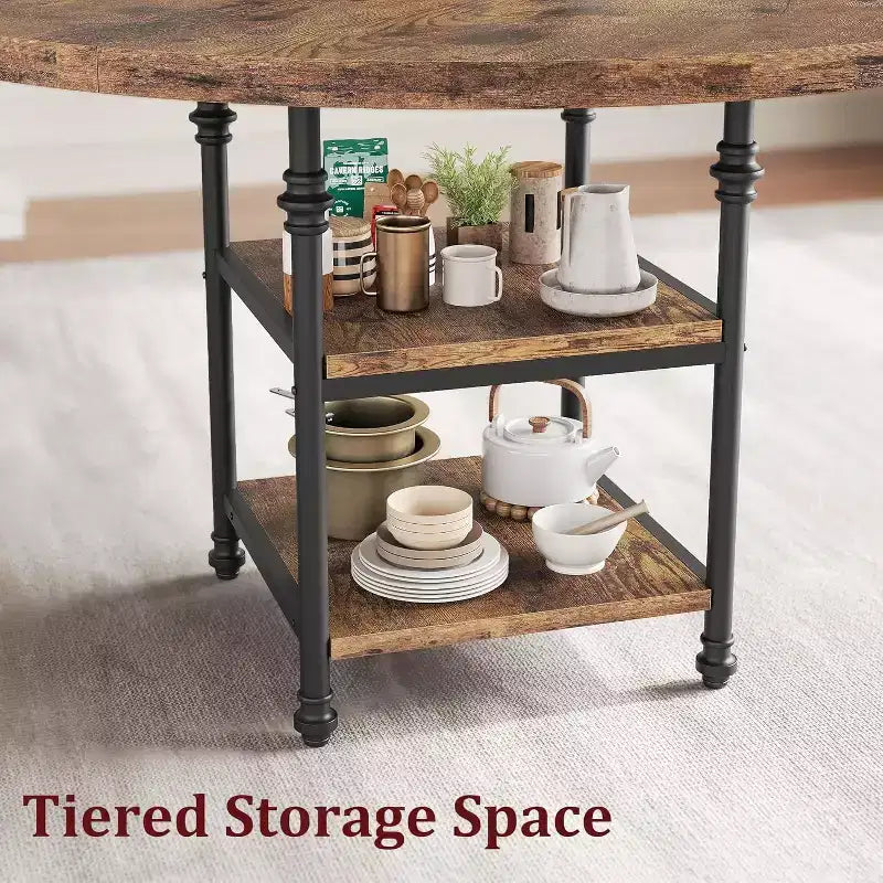 Tavolo da pranzo rotondo da 47" per 4-6 persone, tavolo da cucina moderno in legno con ripiani portaoggetti e gambe in metallo romano, solo tavolo, per sala da pranzo