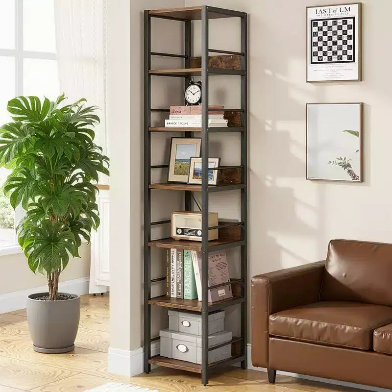 Libreria angolare a 6 ripiani alta 190 cm – Scaffale salvaspazio compatto da 34 cm con cinghia antiribaltamento