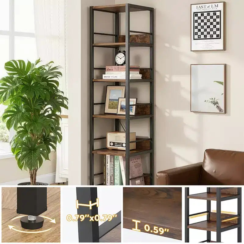 Libreria angolare a 6 ripiani alta 190 cm – Scaffale salvaspazio compatto da 34 cm con cinghia antiribaltamento