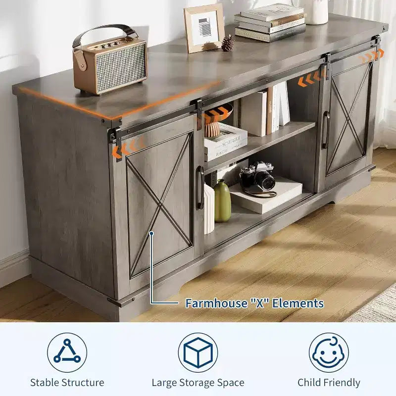 Mobile TV rustico per televisori fino a 65" – Ante scorrevoli a persiana, ripiano regolabile e console con vani portaoggetti, larghezza 150 cm