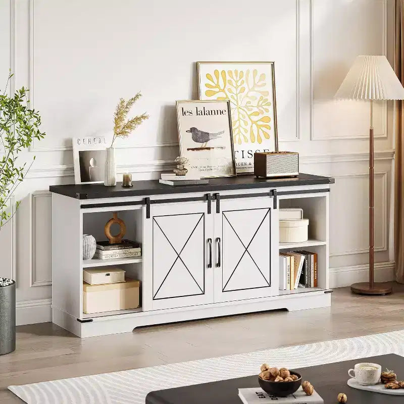 Mobile TV rustico per televisori fino a 65" – Ante scorrevoli a persiana, ripiano regolabile e console con vani portaoggetti, larghezza 150 cm