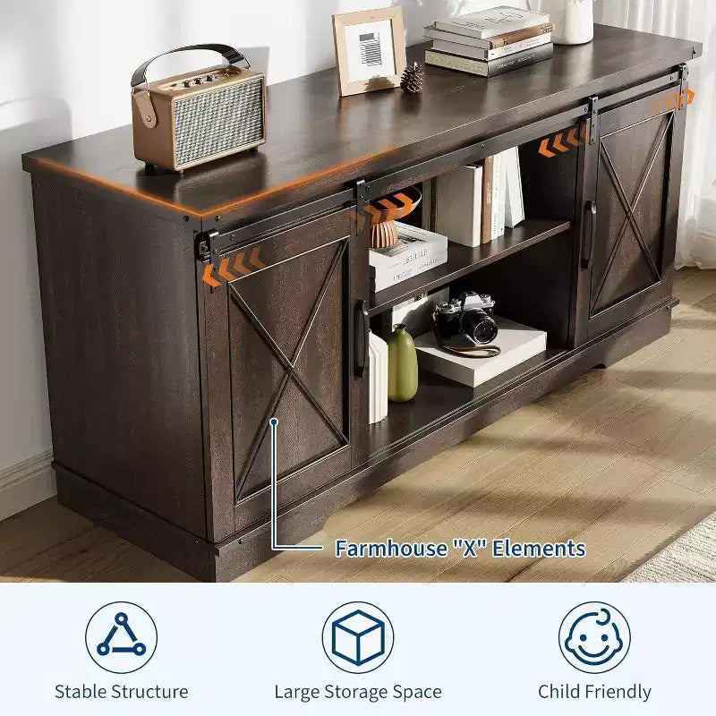 Mobile TV rustico per televisori fino a 65" – Ante scorrevoli a persiana, ripiano regolabile e console con vani portaoggetti, larghezza 150 cm
