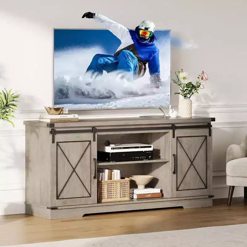 Mobile TV rustico per televisori fino a 65" – Ante scorrevoli a persiana, ripiano regolabile e console con vani portaoggetti, larghezza 150 cm
