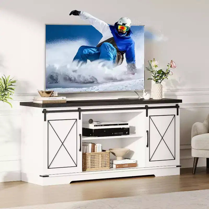 Mobile TV rustico per televisori fino a 65" – Ante scorrevoli a persiana, ripiano regolabile e console con vani portaoggetti, larghezza 150 cm