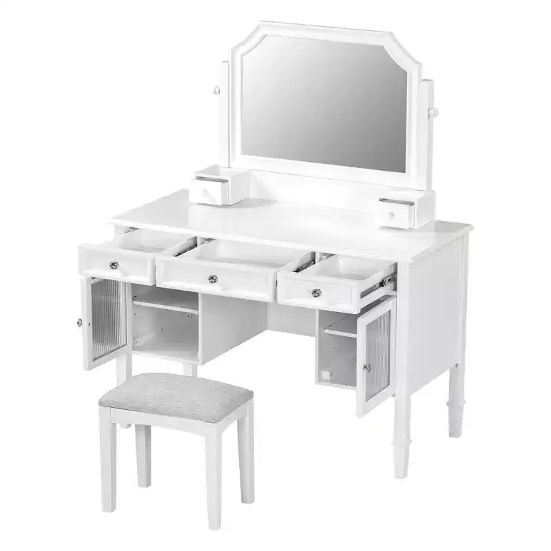 Toeletta bianca con specchio girevole, sgabello ergonomico e 5 cassetti – Vetrinetta con vetro scanalato inclusa