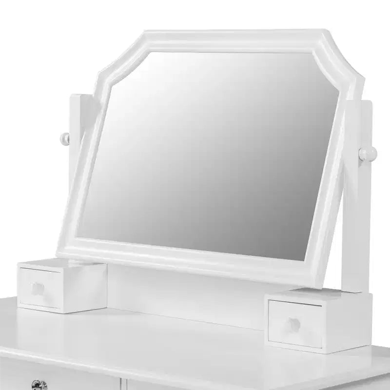 Toeletta bianca con specchio girevole, sgabello ergonomico e 5 cassetti – Vetrinetta con vetro scanalato inclusa