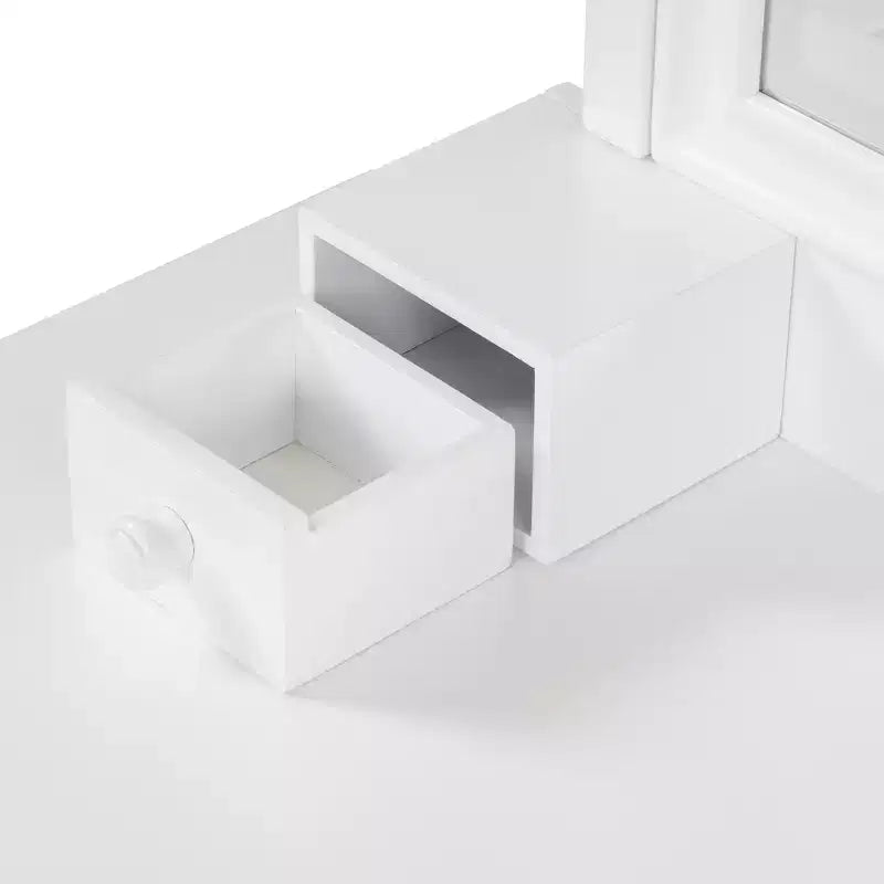 Toeletta bianca con specchio girevole, sgabello ergonomico e 5 cassetti – Vetrinetta con vetro scanalato inclusa