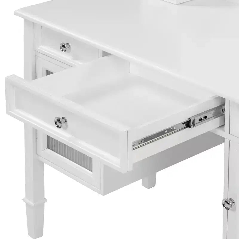 Toeletta bianca con specchio girevole, sgabello ergonomico e 5 cassetti – Vetrinetta con vetro scanalato inclusa