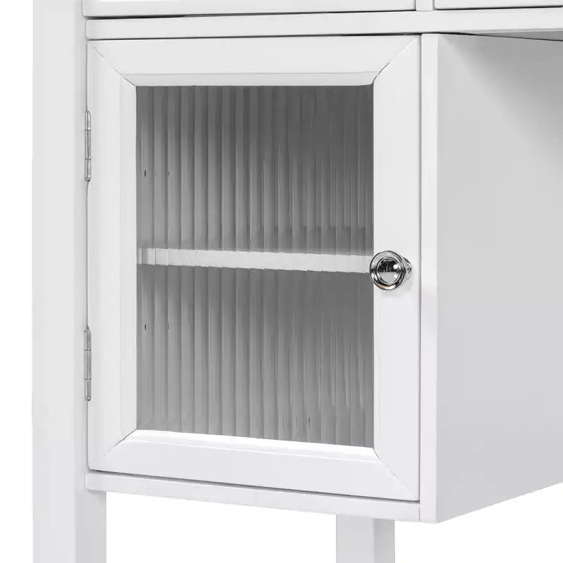 Toeletta bianca con specchio girevole, sgabello ergonomico e 5 cassetti – Vetrinetta con vetro scanalato inclusa