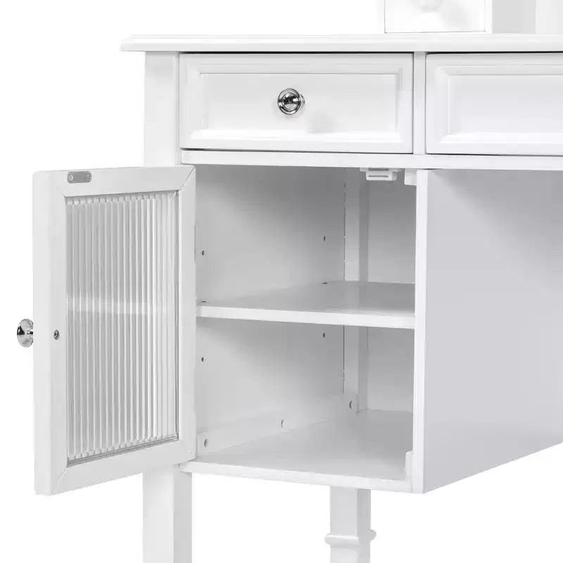 Toeletta bianca con specchio girevole, sgabello ergonomico e 5 cassetti – Vetrinetta con vetro scanalato inclusa