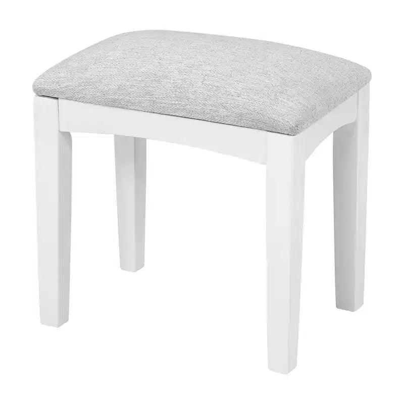 Toeletta bianca con specchio girevole, sgabello ergonomico e 5 cassetti – Vetrinetta con vetro scanalato inclusa