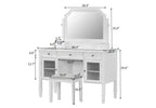 Toeletta bianca con specchio girevole, sgabello ergonomico e 5 cassetti – Vetrinetta con vetro scanalato inclusa