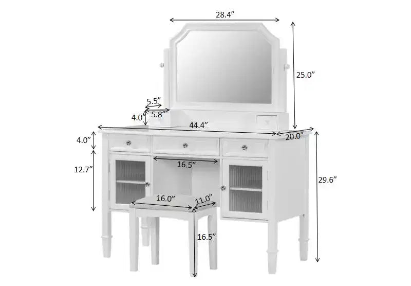 Toeletta bianca con specchio girevole, sgabello ergonomico e 5 cassetti – Vetrinetta con vetro scanalato inclusa