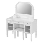 Toeletta bianca con specchio girevole, sgabello ergonomico e 5 cassetti – Vetrinetta con vetro scanalato inclusa