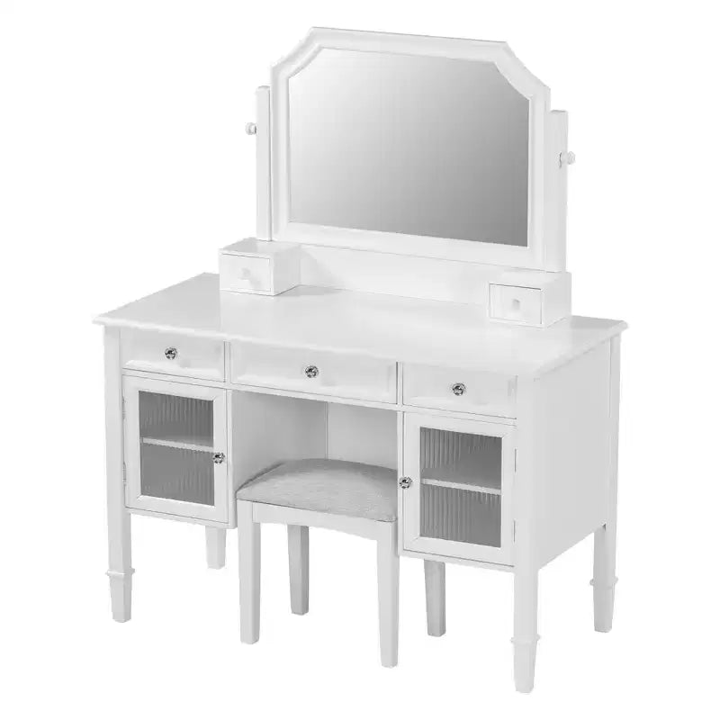 Toeletta bianca con specchio girevole, sgabello ergonomico e 5 cassetti – Vetrinetta con vetro scanalato inclusa