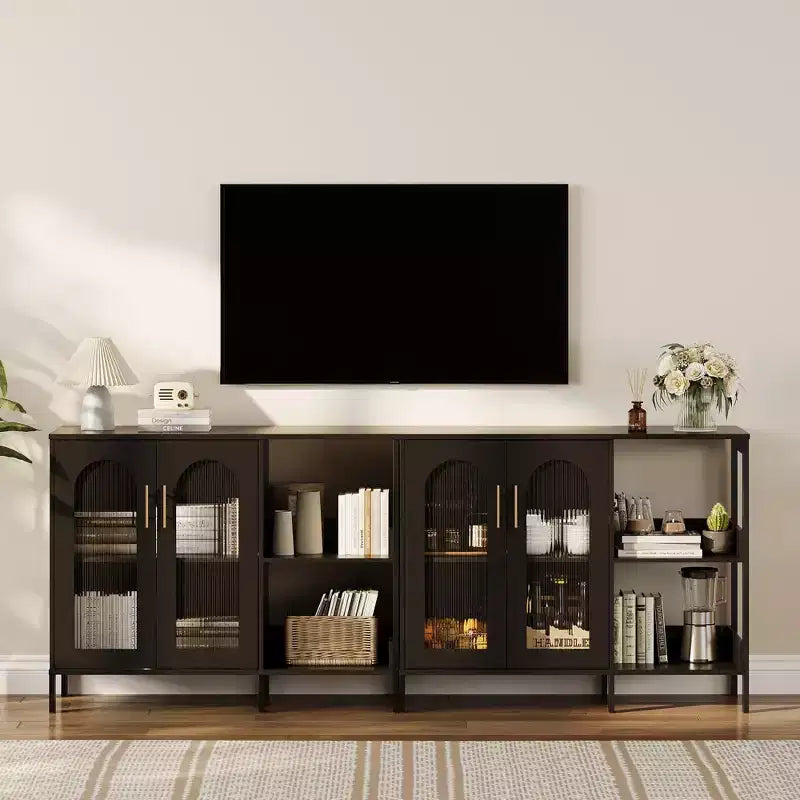 Madia da buffet, mobile contenitore in legno con ante in vetro, due maniglie in metallo, mobile contenitore con ripiani regolabili, madia moderna