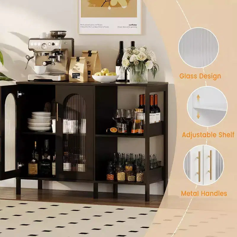 Madia da buffet, mobile contenitore in legno con ante in vetro, due maniglie in metallo, mobile contenitore con ripiani regolabili, madia moderna