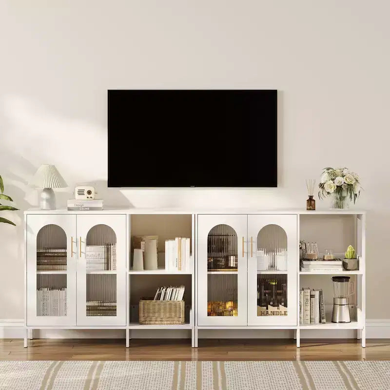 Madia da buffet, mobile contenitore in legno con ante in vetro, due maniglie in metallo, mobile contenitore con ripiani regolabili, madia moderna