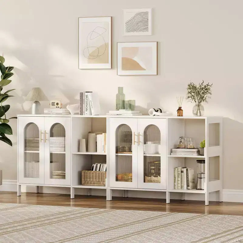 Madia da buffet, mobile contenitore in legno con ante in vetro, due maniglie in metallo, mobile contenitore con ripiani regolabili, madia moderna