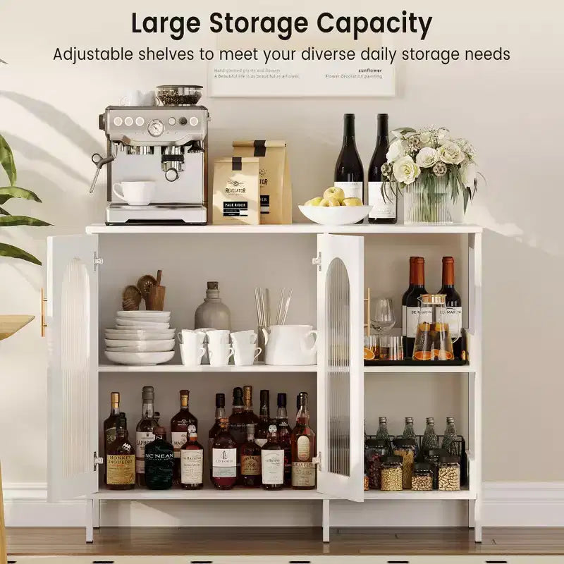 Madia da buffet, mobile contenitore in legno con ante in vetro, due maniglie in metallo, mobile contenitore con ripiani regolabili, madia moderna