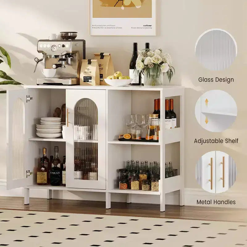 Madia da buffet, mobile contenitore in legno con ante in vetro, due maniglie in metallo, mobile contenitore con ripiani regolabili, madia moderna