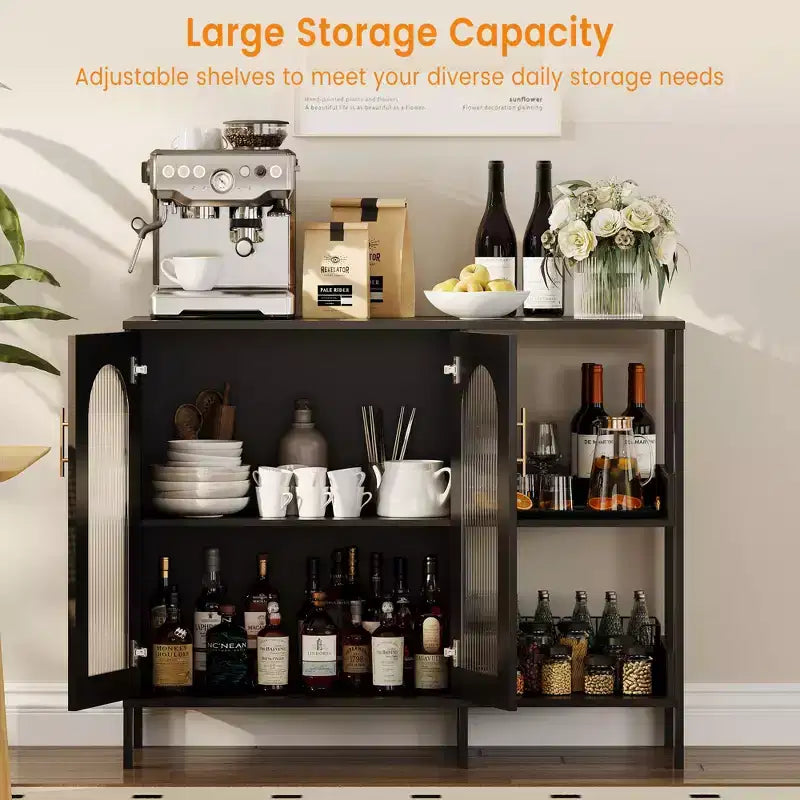 Madia da buffet, mobile contenitore in legno con ante in vetro, due maniglie in metallo, mobile contenitore con ripiani regolabili, madia moderna