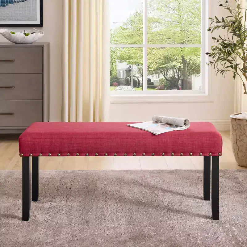 Panca da Pranzo Imbottita 44" con Borchie Decorative – Tessuto in Poliestere, Gambe in Legno Massello, 2 Posti