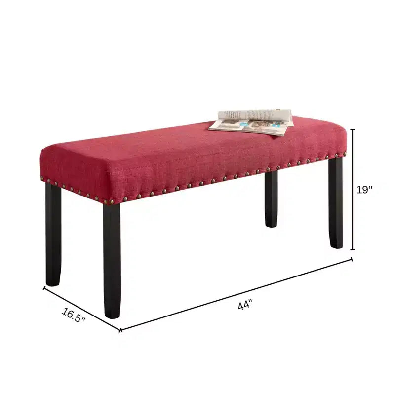 Panca da Pranzo Imbottita 44" con Borchie Decorative – Tessuto in Poliestere, Gambe in Legno Massello, 2 Posti
