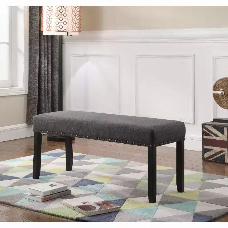Panca da Pranzo Imbottita 44" con Borchie Decorative – Tessuto in Poliestere, Gambe in Legno Massello, 2 Posti
